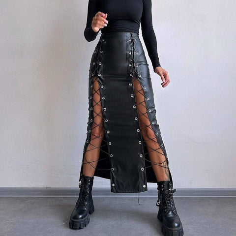 Women's Leather Sexy Solid Color Slit Tie Wrap Skirt