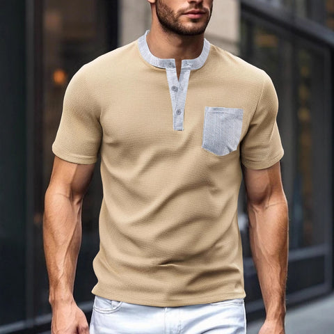 Men's Button-front Color-blocked All-polyester Waffle Knit Henley Shirt