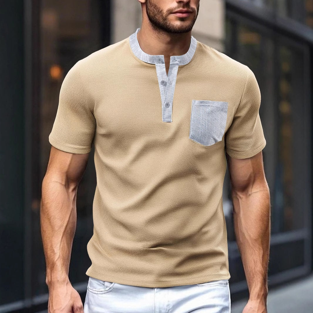 Men's Button-front Color-blocked All-polyester Waffle Knit Henley Shirt