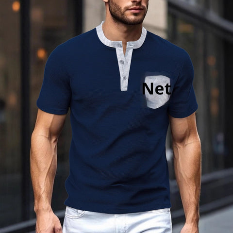 Men's Button-front Color-blocked All-polyester Waffle Knit Henley Shirt