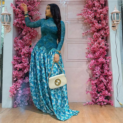 Women's Micro-transparent A-line High-neck Elastic Slim-fit Long-sleeve Dress