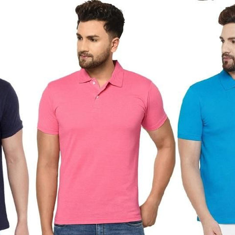Cotton Matty Solid Half Sleeves Men's Polo Neck T-Shirt Pack Of 3