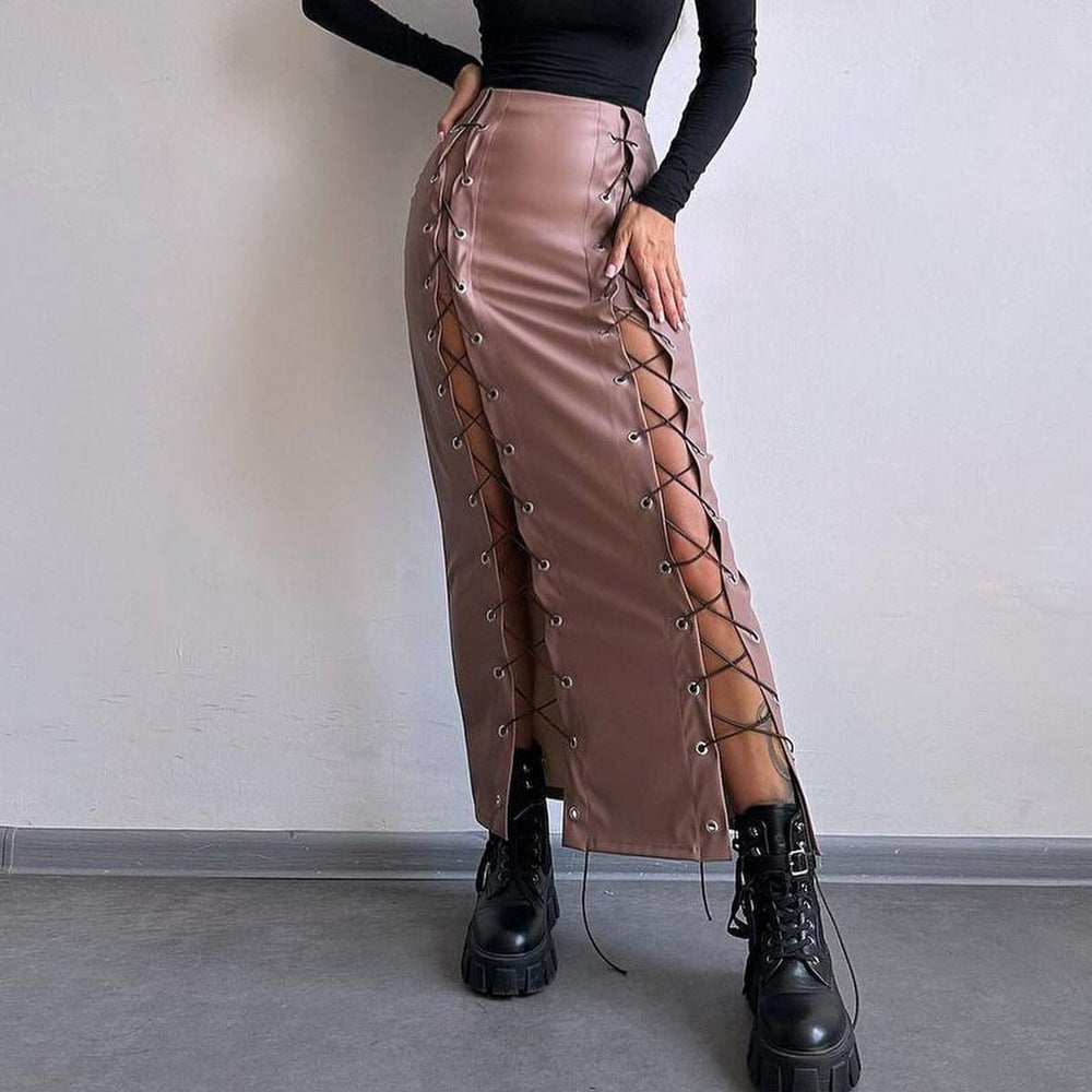 Women's Leather Sexy Solid Color Slit Tie Wrap Skirt