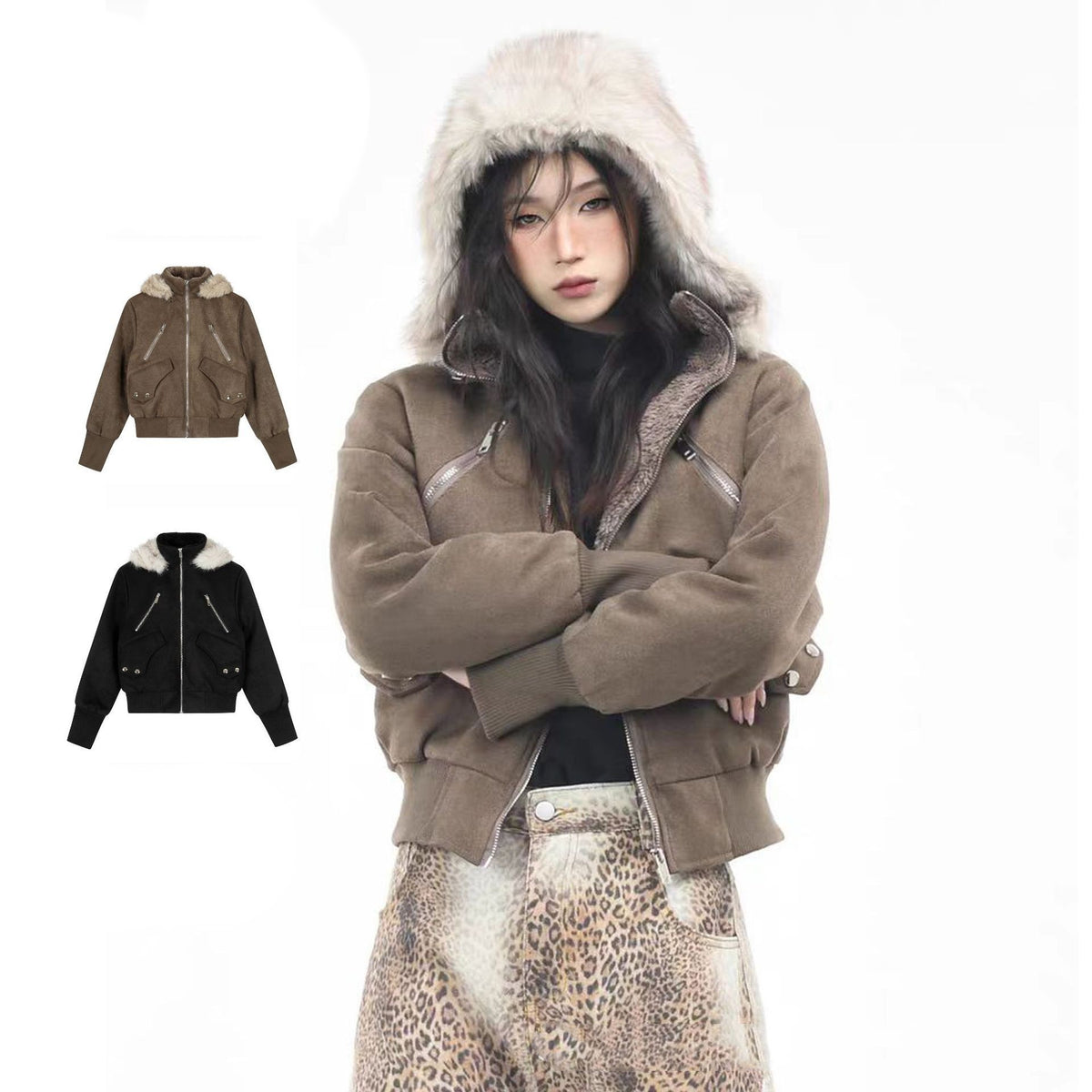 Retro Spicy Girl Slim-fit Stand-collar Hooded Jacket