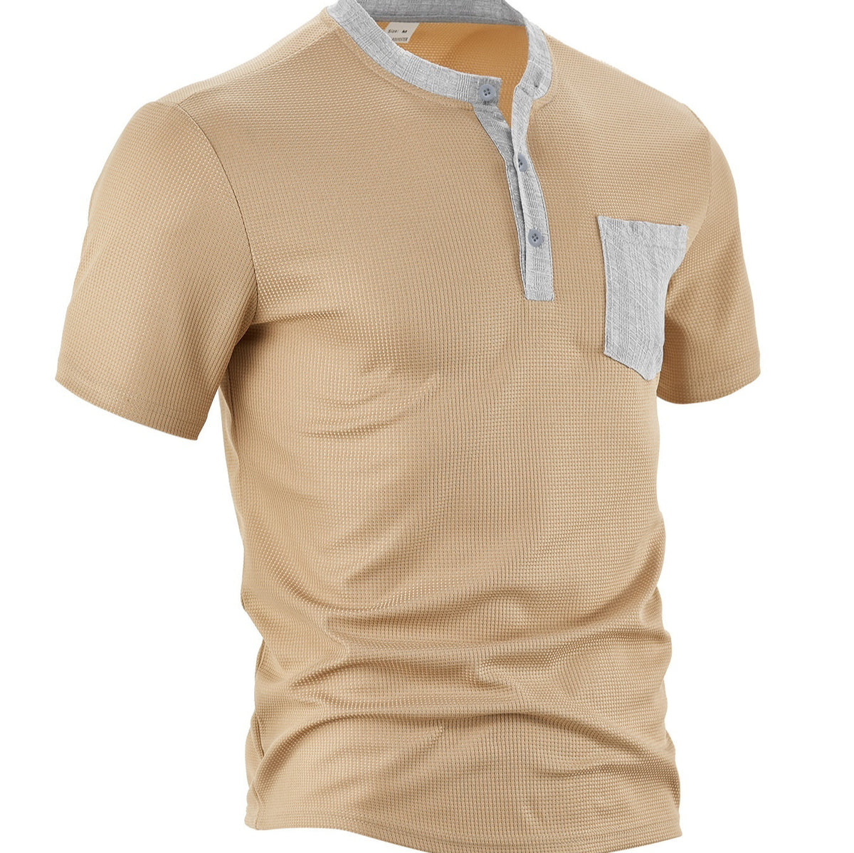 Men's Button-front Color-blocked All-polyester Waffle Knit Henley Shirt
