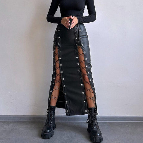 Women's Leather Sexy Solid Color Slit Tie Wrap Skirt