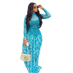 Women's Micro-transparent A-line High-neck Elastic Slim-fit Long-sleeve Dress