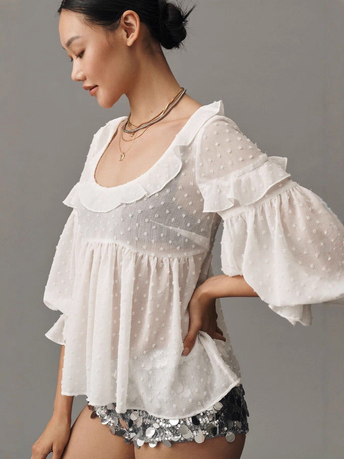 Women's Casual Solid Color Cut-out Printed Shirt