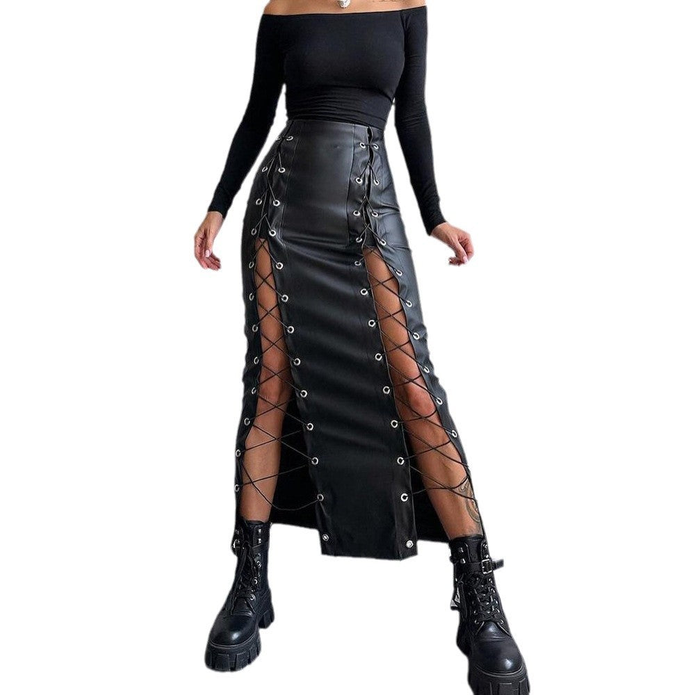 Women's Leather Sexy Solid Color Slit Tie Wrap Skirt
